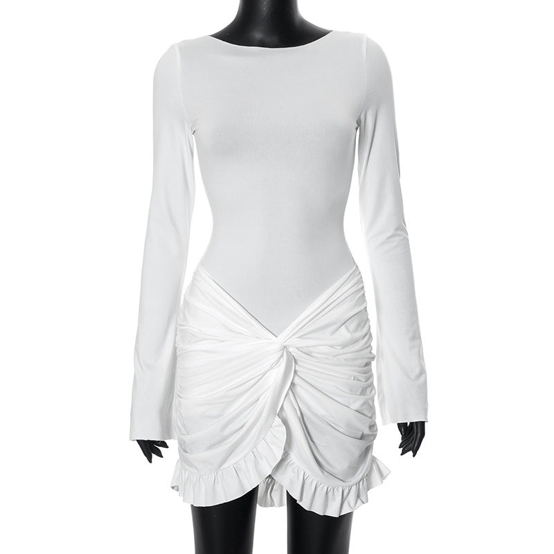 Robe courte plissée à manches longues et col rond pour femme, couleur unie, tendance été