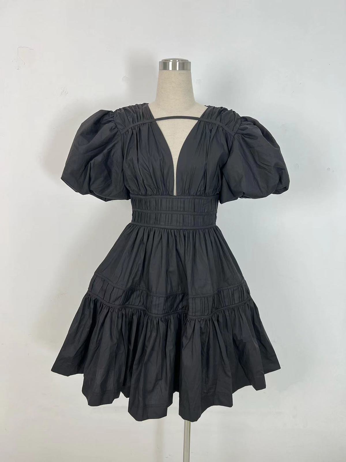 Women Fashion Elegant Solid Color V-Neck Puff Sleeve Dress