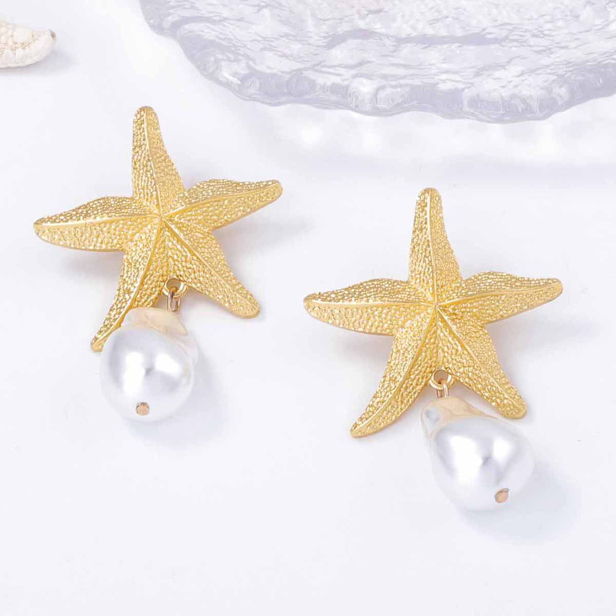 Women Fashion Casual Alloy Starfish Pearl Pendant Earrings