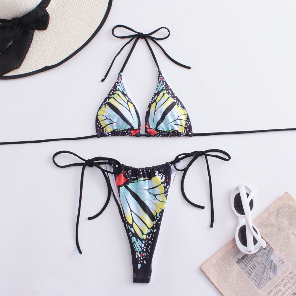 Bikini sexy con cuello halter y estampado de mariposas para mujer