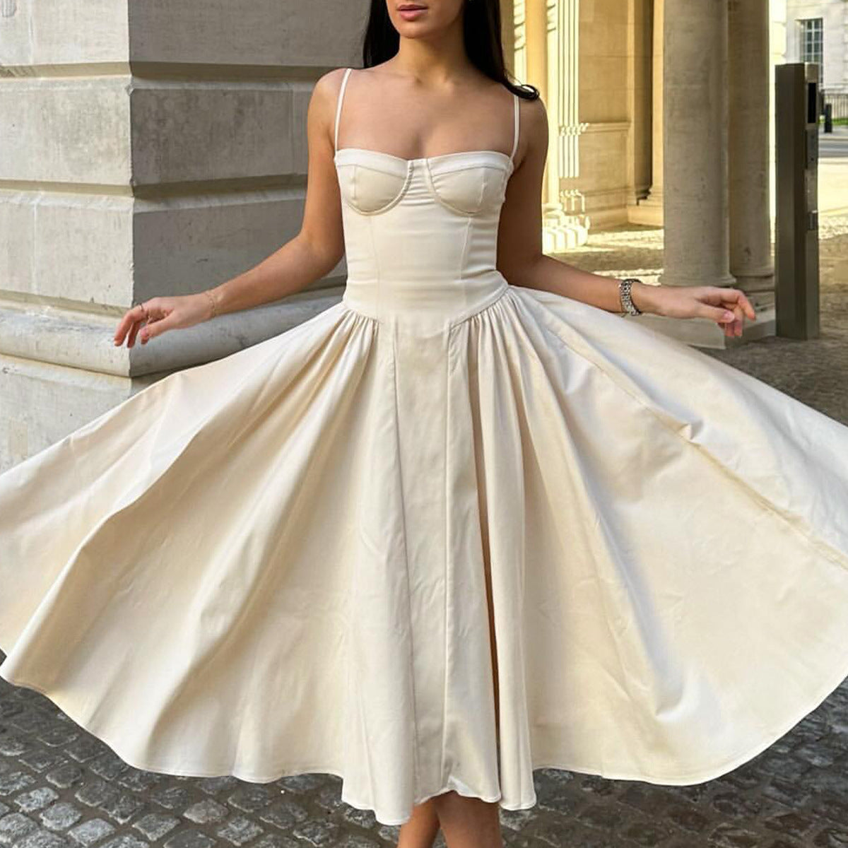 Women V-Neck Spaghetti Strap Backless Dress Solid Color Short Skirt