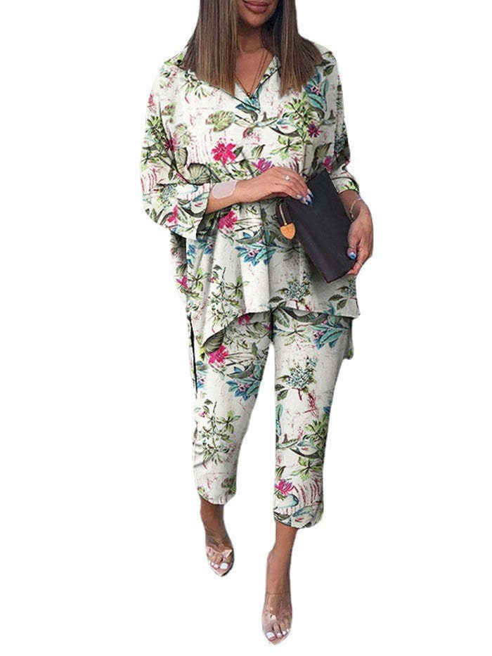 Plus Size Women Cotton Linen Print Two Pieces Set