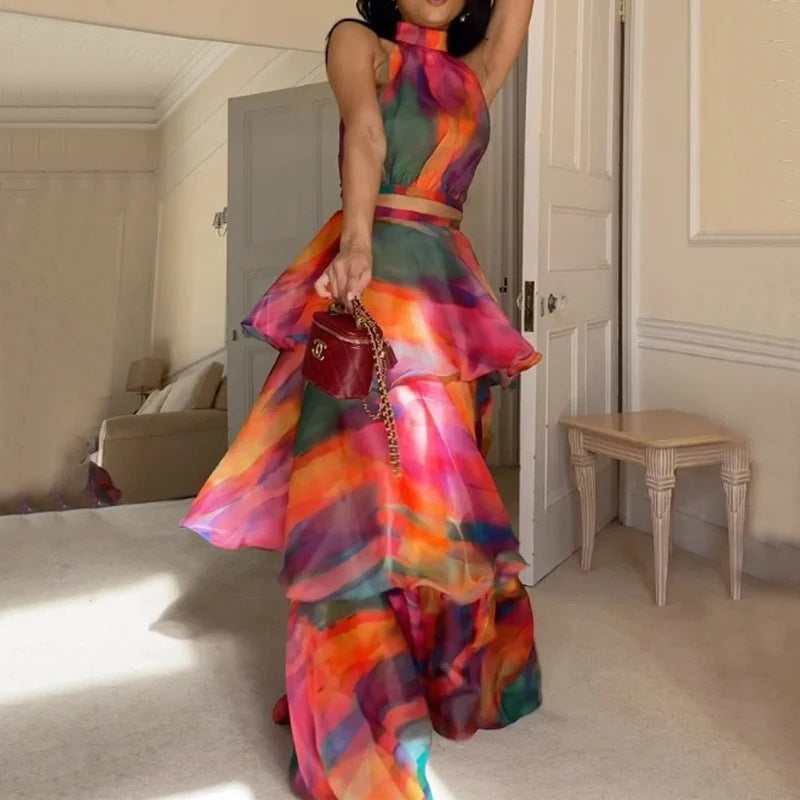 Vestido elegante sin mangas con cuello redondo y estampado a la moda para mujer