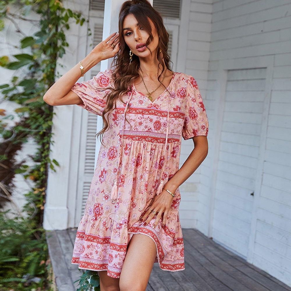 Vestido elegante bohemio de verano con estampado floral para mujer