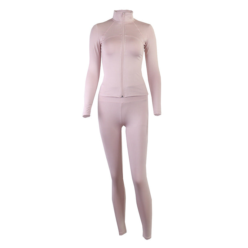 Conjunto de chaqueta informal con cuello alto y cremallera para mujer