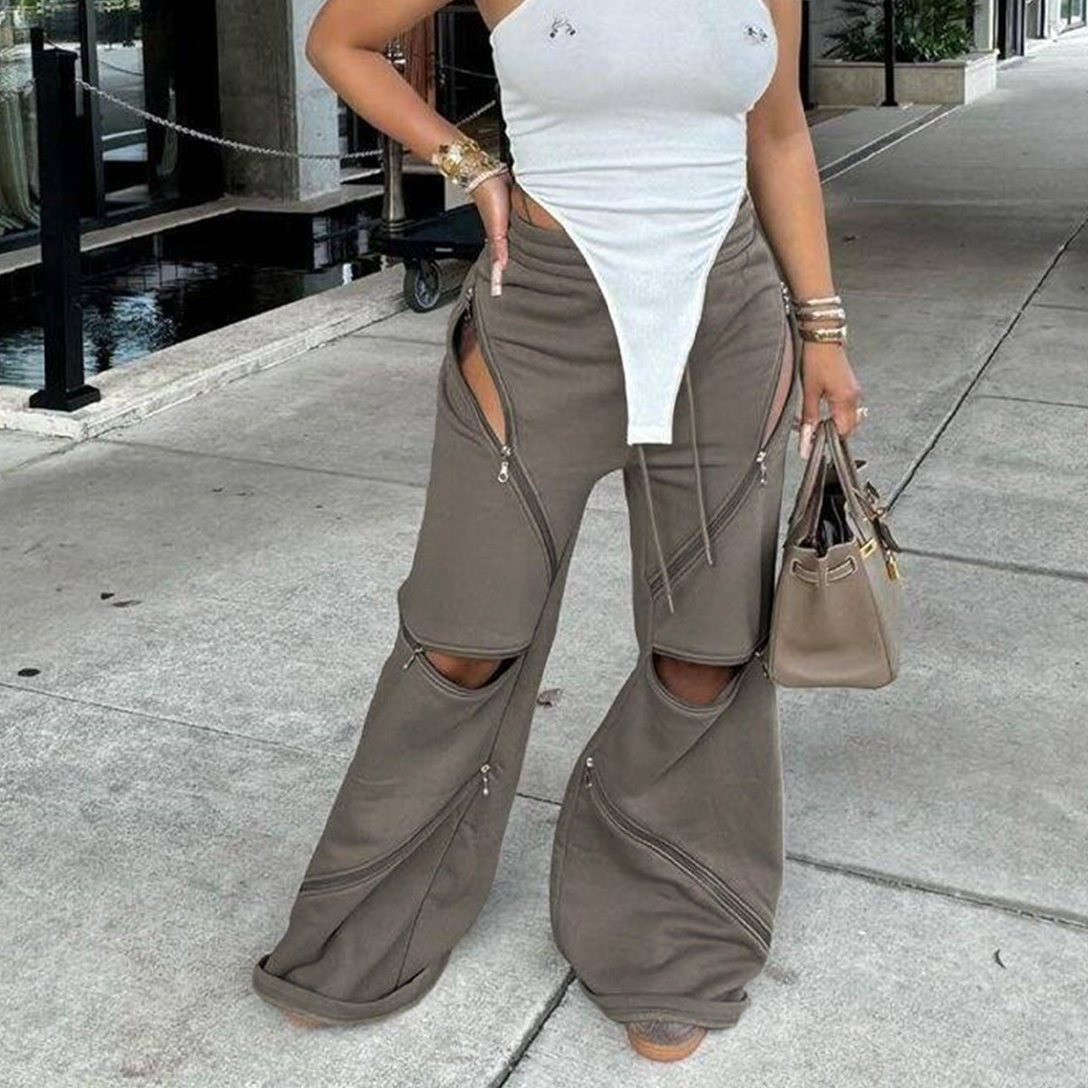 Pantalons sexy à coutures multiples et fermetures éclair pour femmes