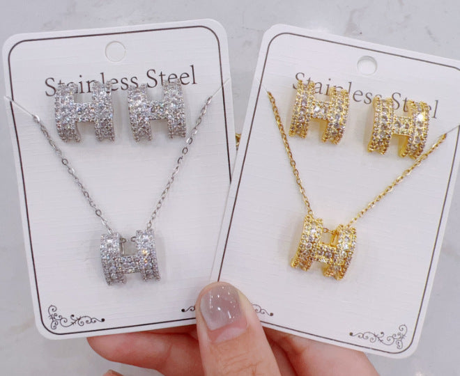 Women Fashion Zircon Necklace Earrings Set
