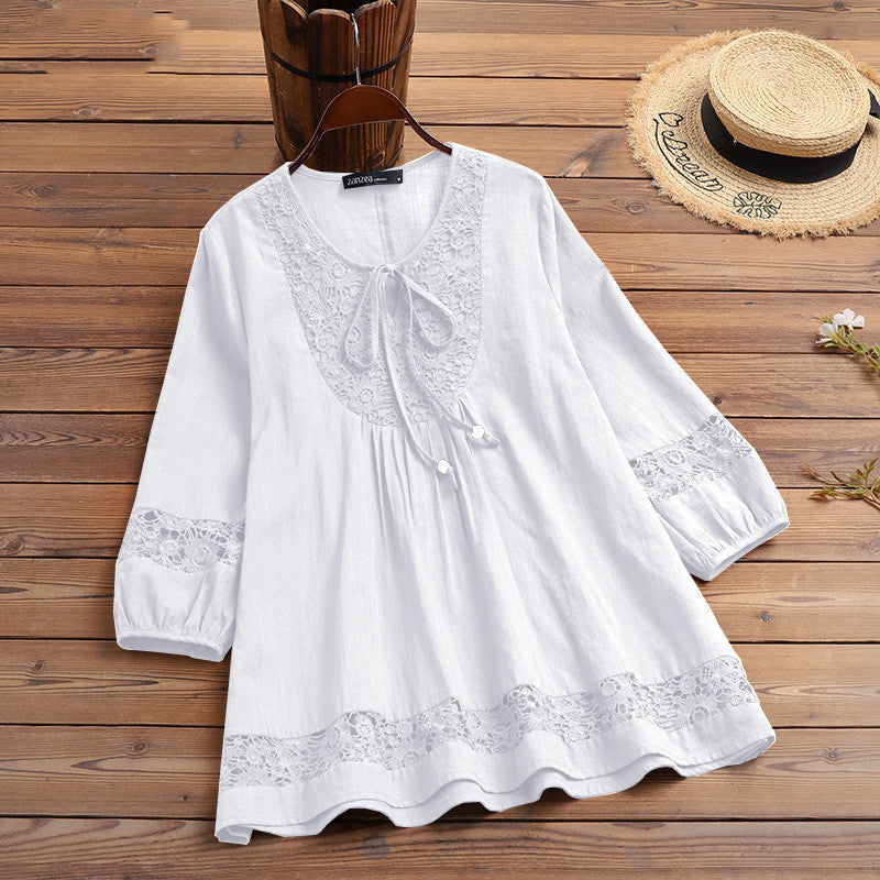 Blusa informal de lino y algodón de color liso para mujer