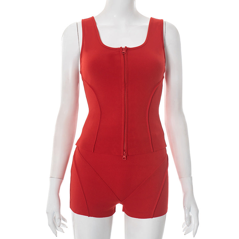 Women Fashion Sleeveless Zipper Tank Top and Tight Shorts Two-Piece Set