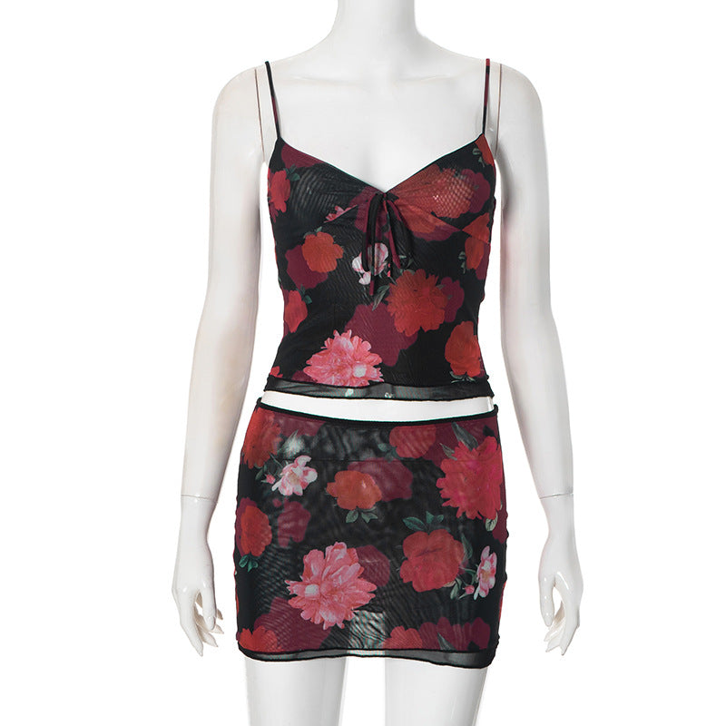 Women Fashion Sexy Floral Printed Camisole and Skirt Two-Piece Set