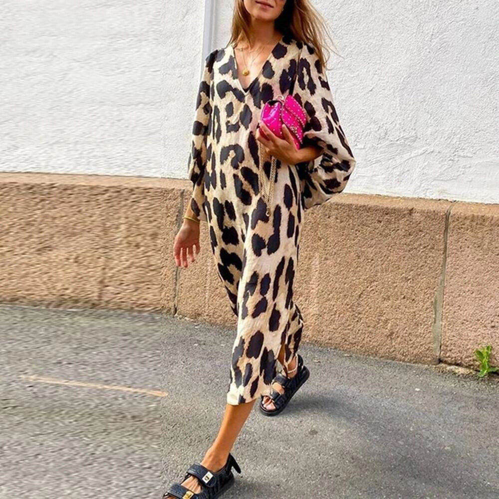 Vestido informal de leopardo con cuello en V y mangas abullonadas para mujer
