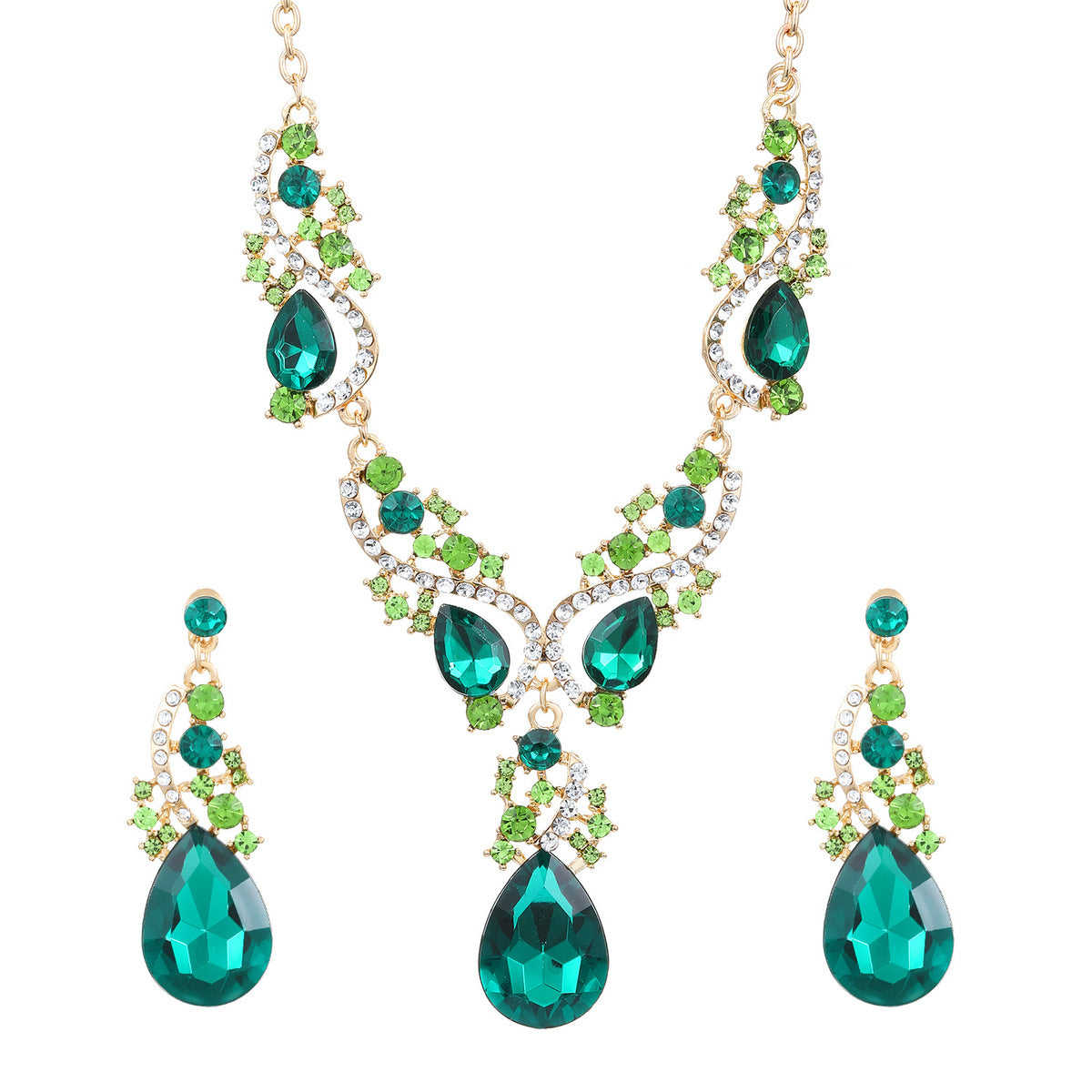 Exaggerated Fashion Emerald Necklace and Stud Earrings Set - Rhinestone Alloy Jewelry