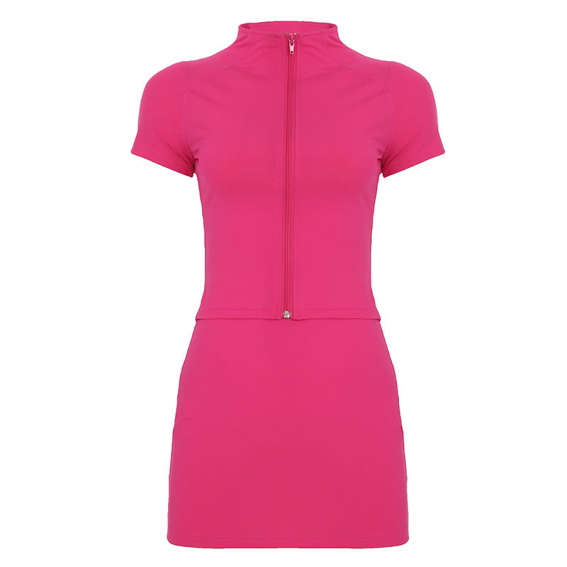 Women’s Fashion Solid Color Short-Sleeve Zipper T-Shirt Set
