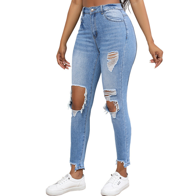 Jean extensible déchiré à taille haute pour femme