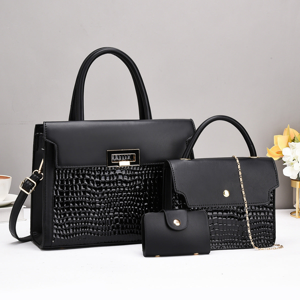 Crocodile PU Women Portable Shoulder Bag Three-Piece Set