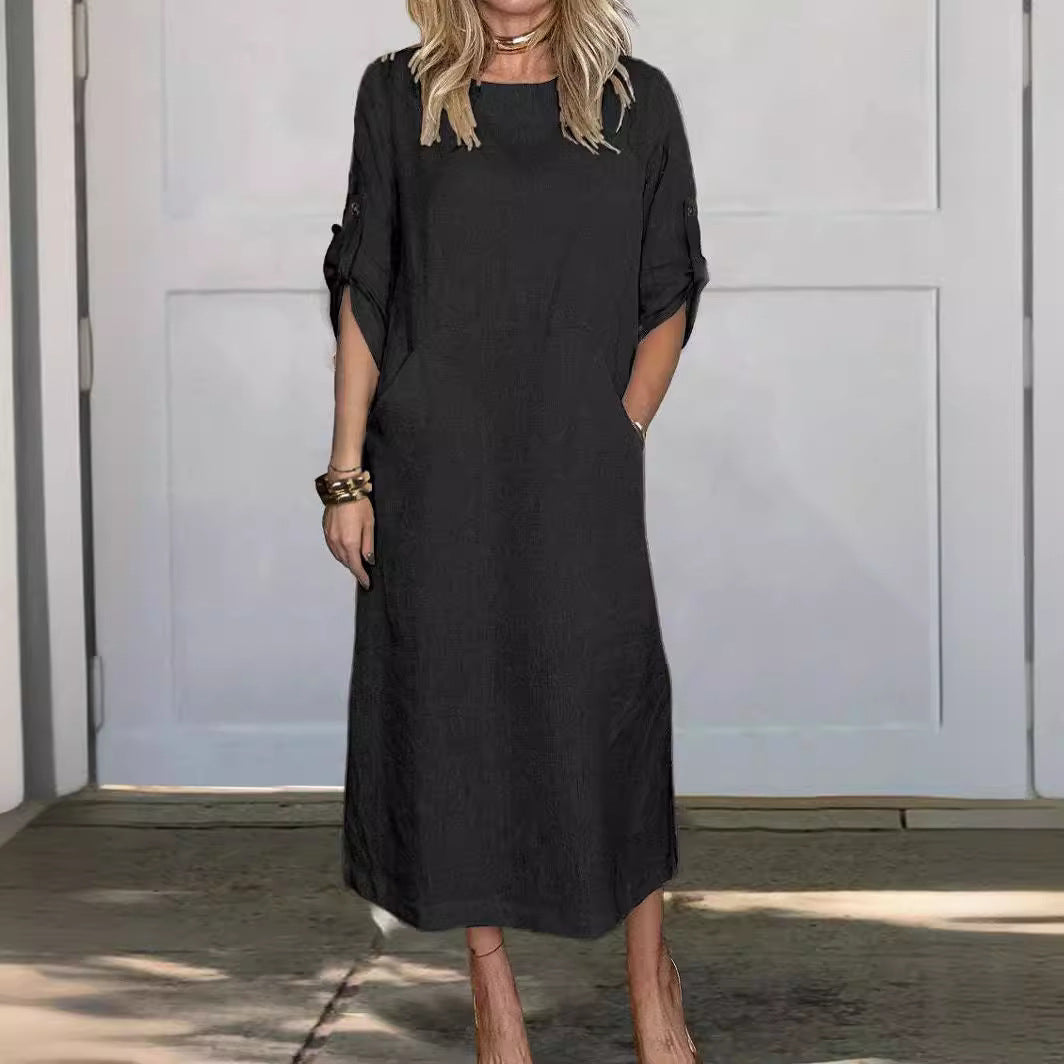 Summer Women Casual Solid Color Round Neck Dress