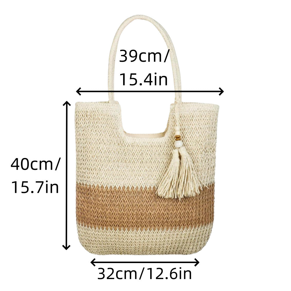 Women Casual Contrast Color Straw Woven Tote Bag
