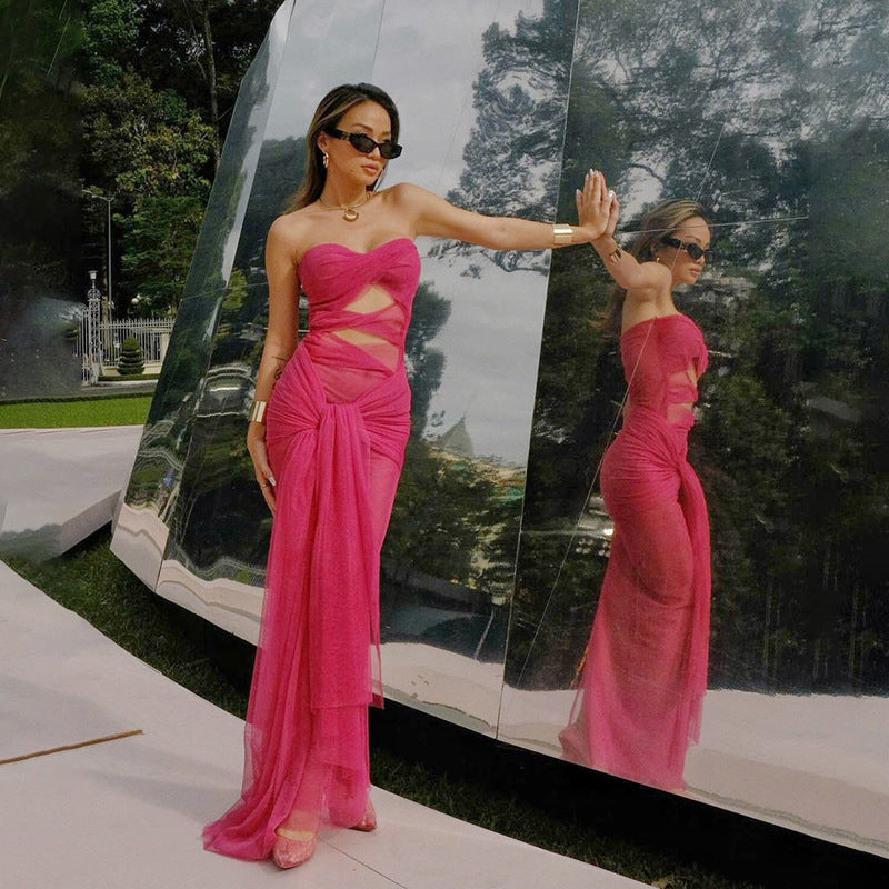 Vestido sexy de malla con perspectiva de color sólido a la moda para mujer