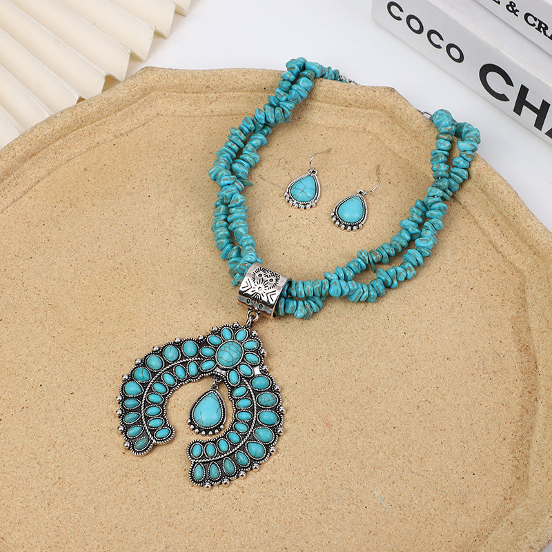 Conjunto de pendientes y collar con colgante geométrico para mujer - Joyería retro floral turquesa