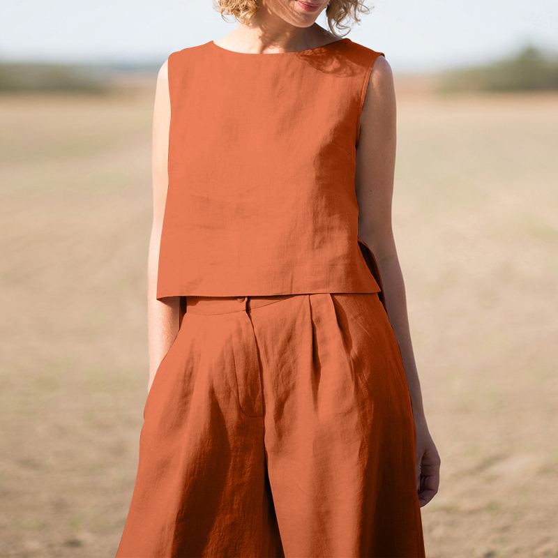Conjunto informal vintage de algodón y lino para mujer