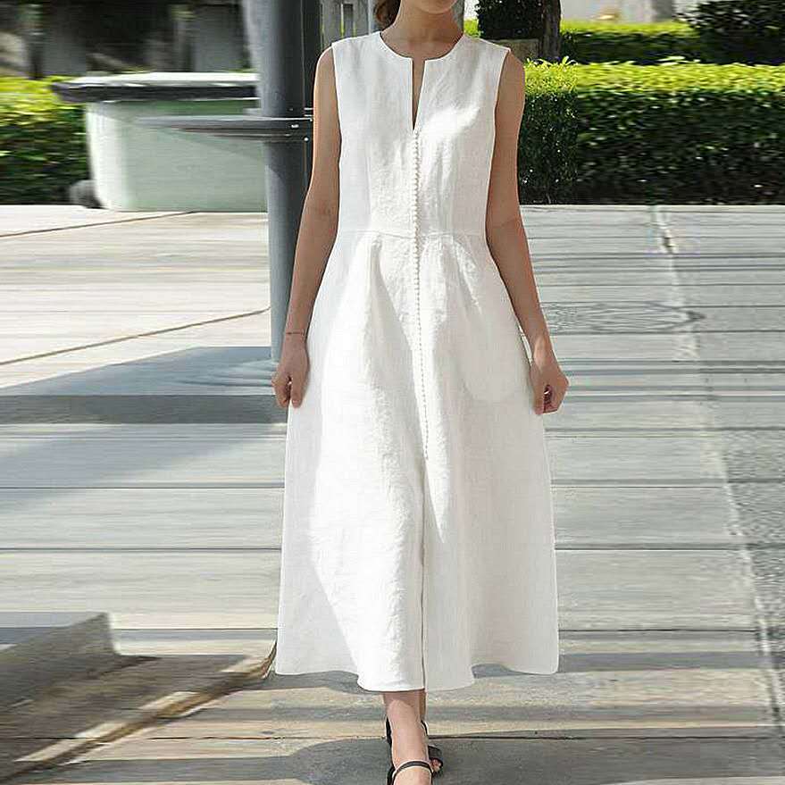 Vestido midi informal con cuello en V para mujer