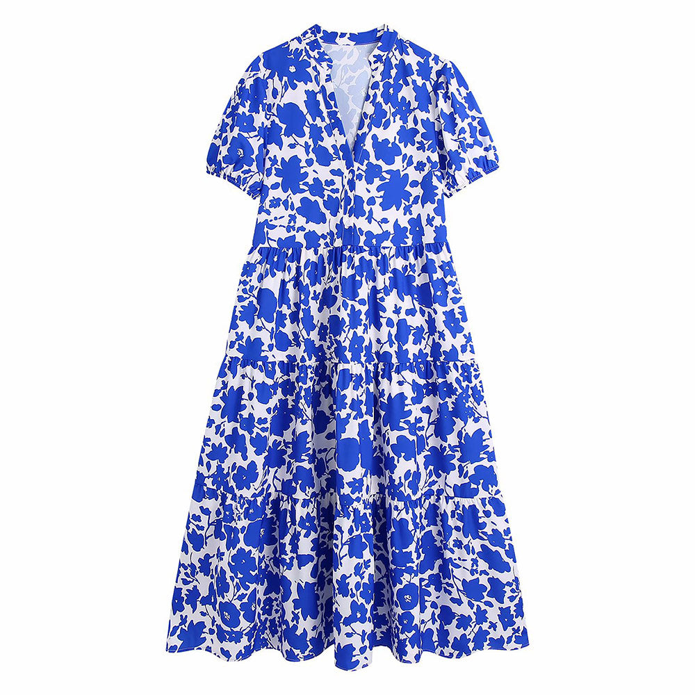 Women Fashion Bohemian Floral Print Vintage V Neck Short Sleeves Ruffled Midi Dress