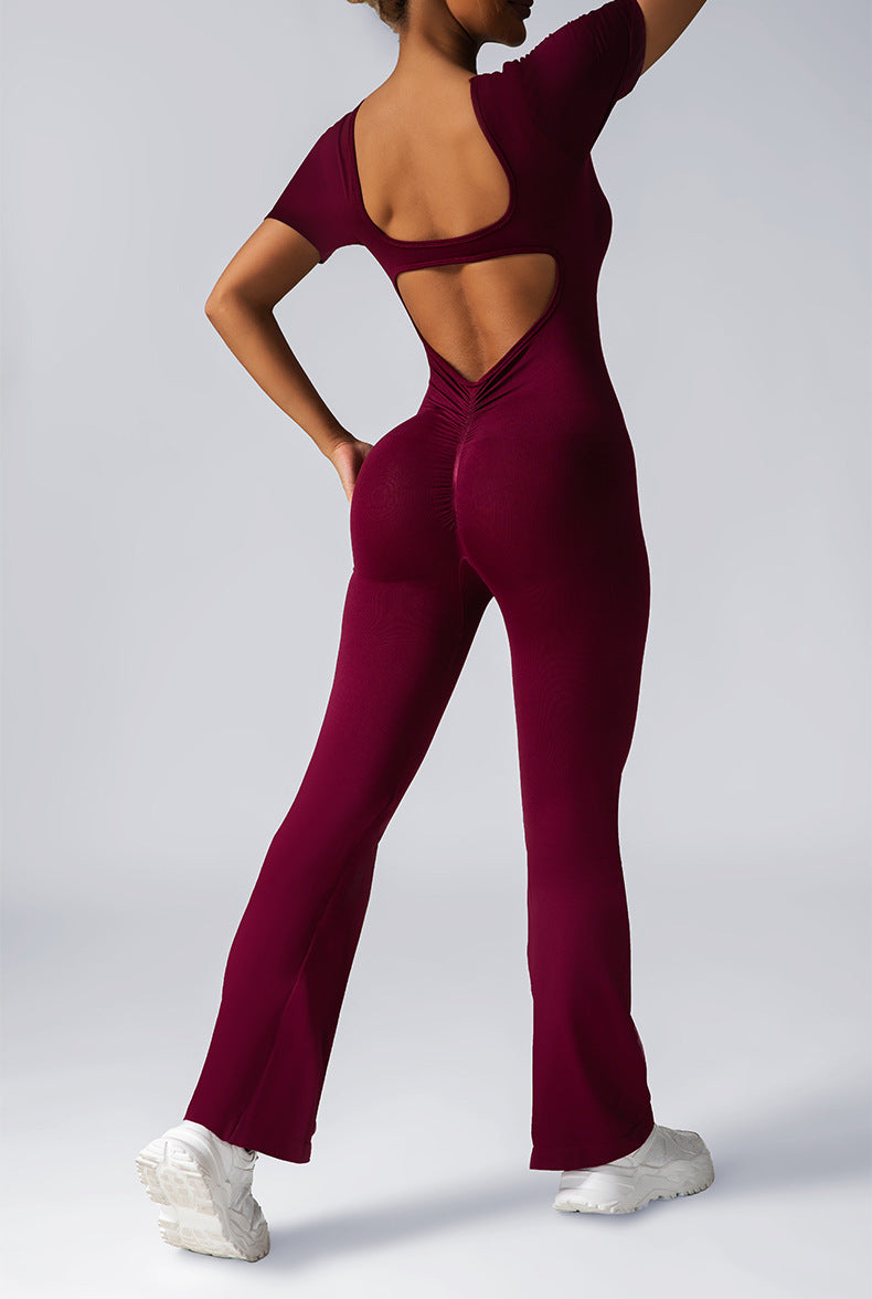 Women Fashion Casual Solid Color Seamless Short-Sleeve Backless Yoga Jumpsuits