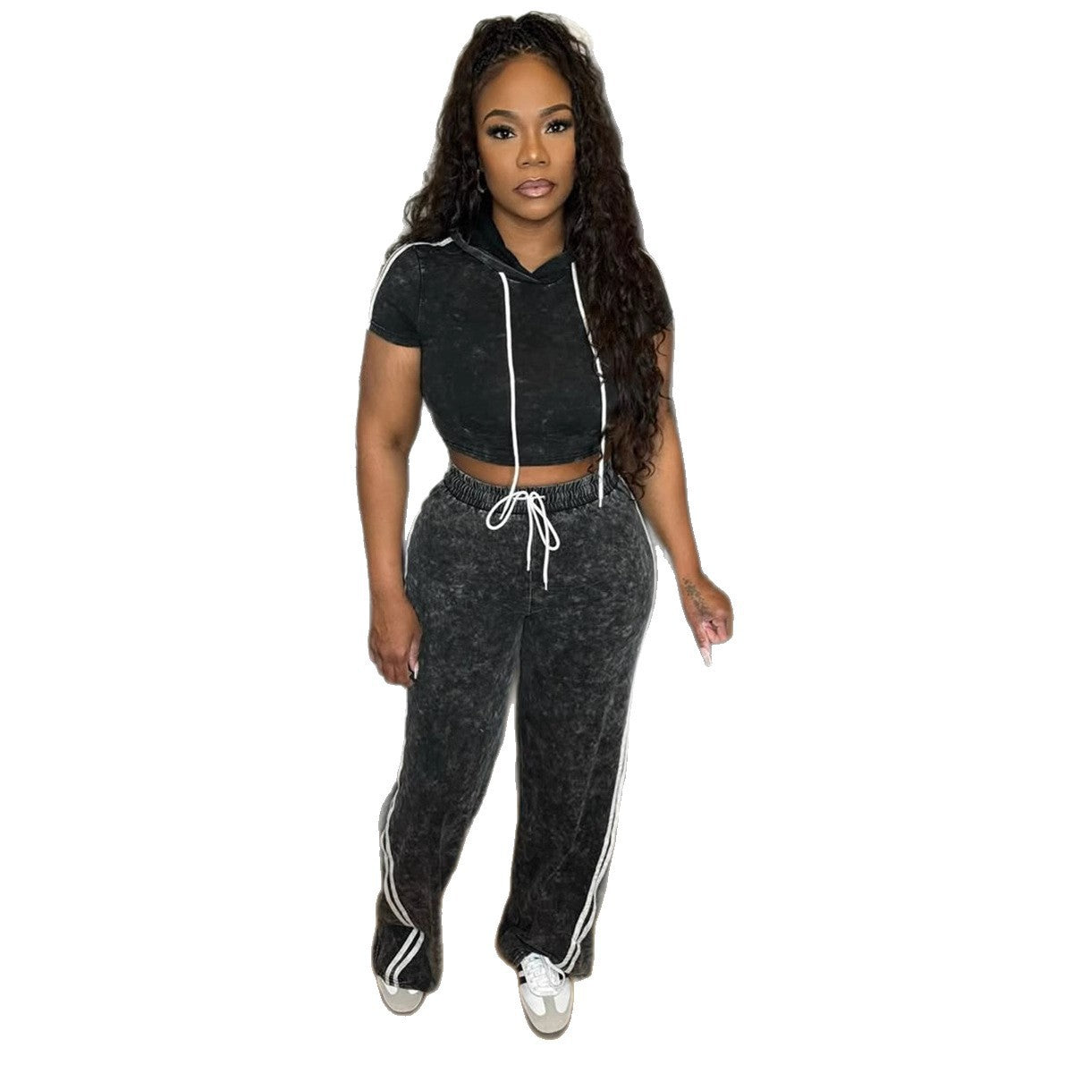 Women Casual Short Sleeve Hoodie and Pants Set in Solid Colors