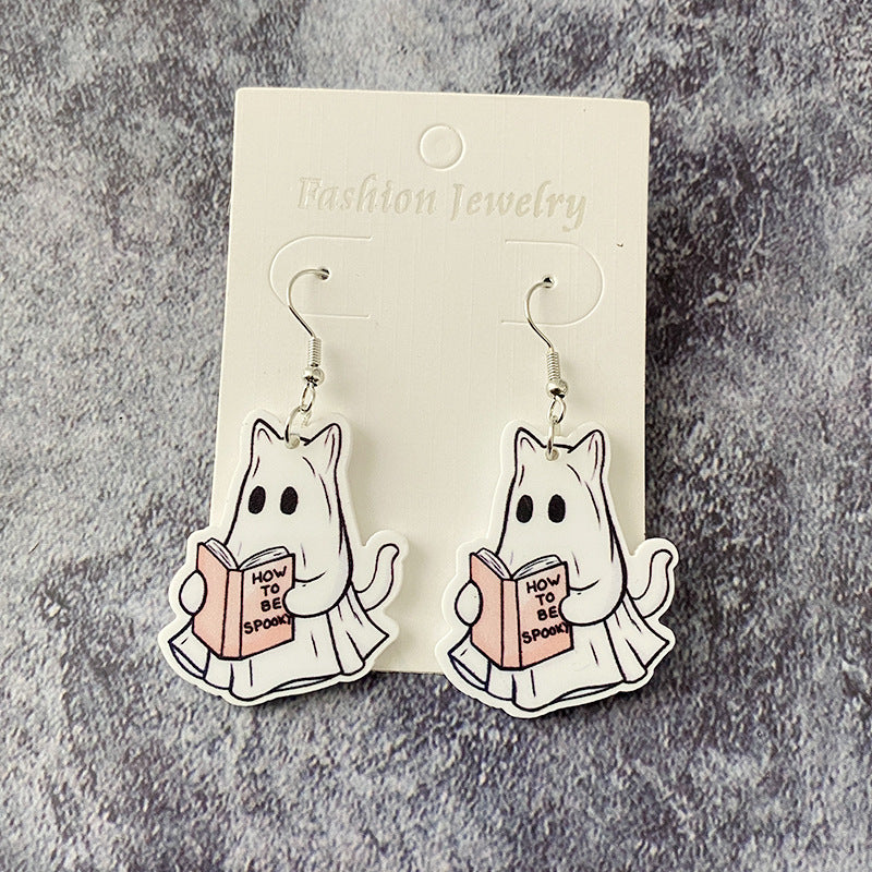 Pendientes acrílicos divertidos y creativos de gato fantasma para Halloween para mujer