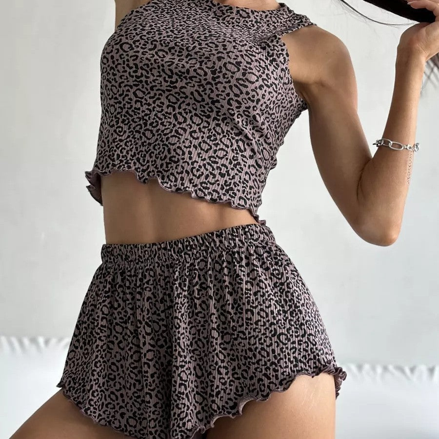 Women Stylish Printed Edge Curl Tank Top and Loose Shorts Pajama Set
