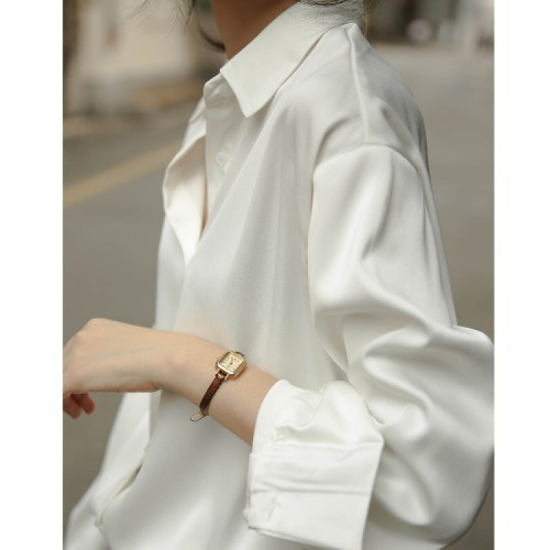 Women Casual Satin Long-Sleeve Blouse with Lapel