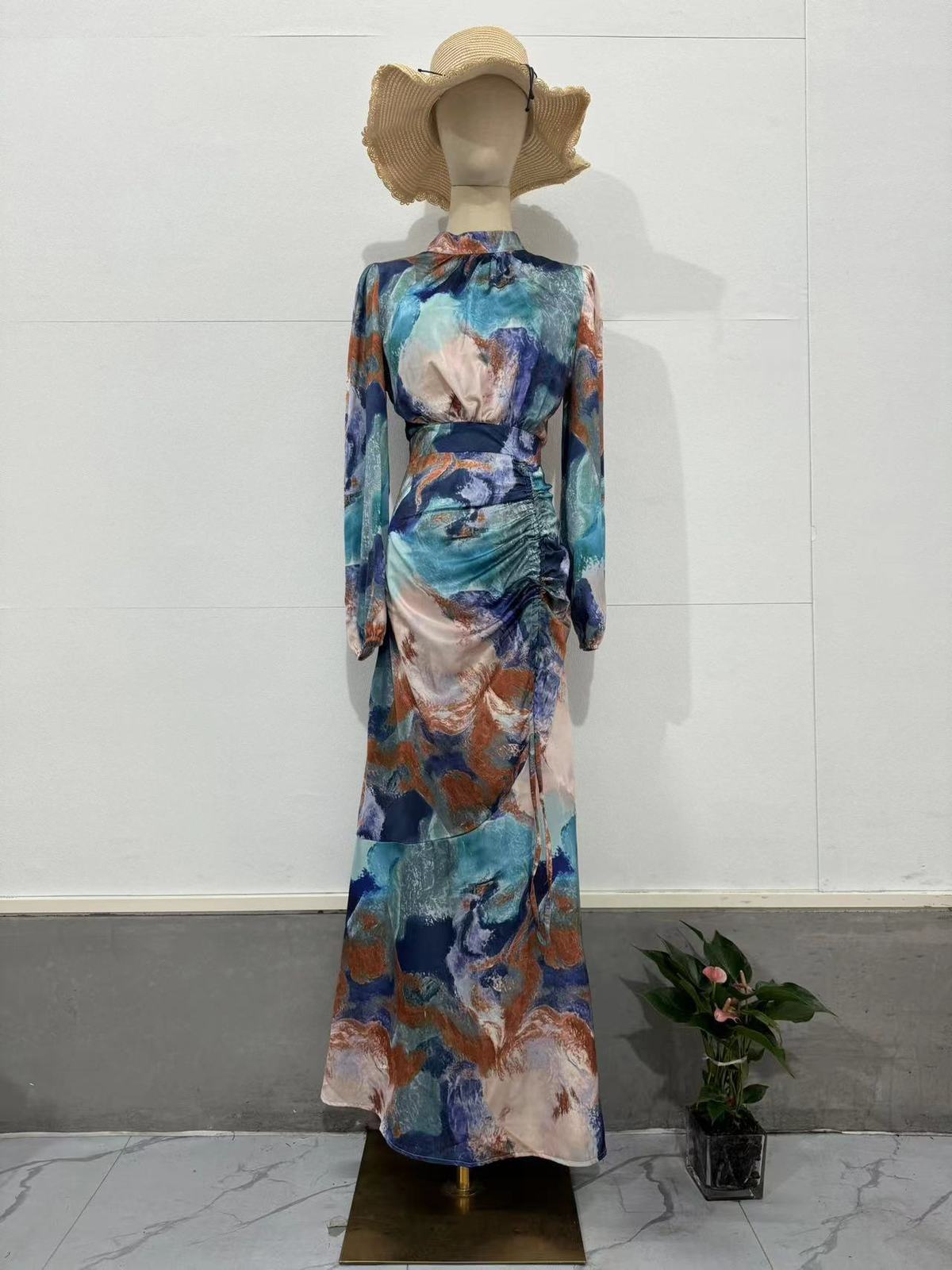 Women Fashion Tie-Dye Pleated Long Sleeve Dress