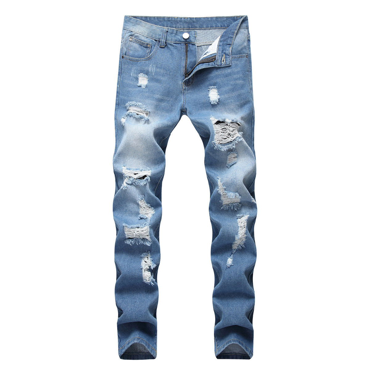 Men Casual Ripped Slim-Fit Straight Cotton Jeans