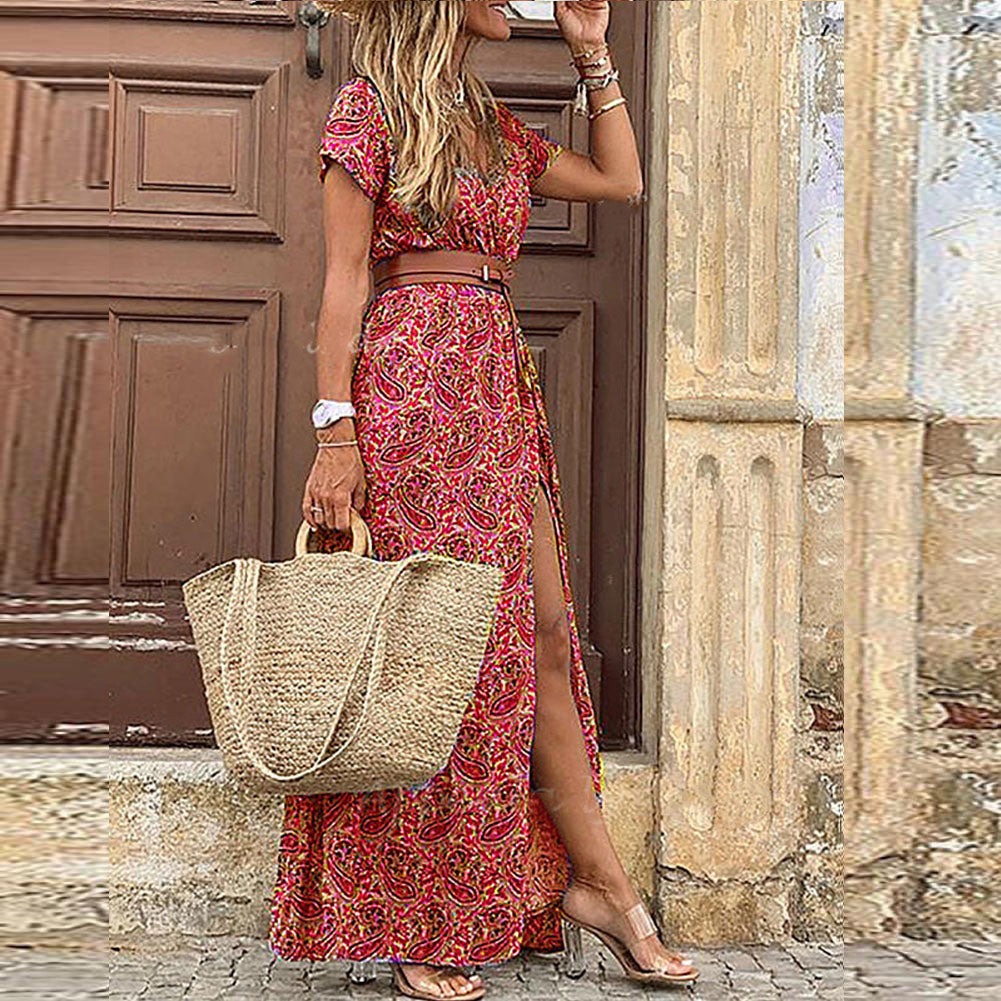 Vestido largo bohemio vintage de verano para mujer, sexy, con escote en V y mangas cortas, con cinturón