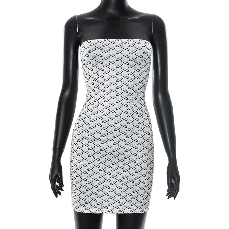 Women Fashion Sexy Geometric Print Strapless Backless Dress