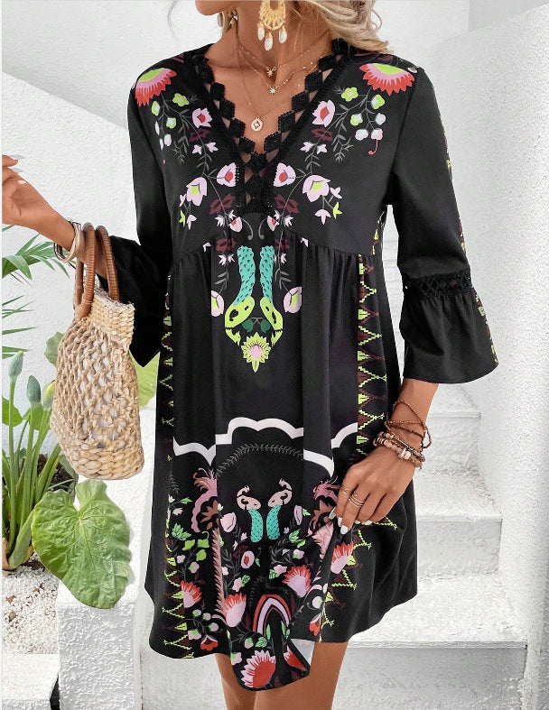 Bohemian Women Casual V-Neck Lace-Patchwork Printed Dress