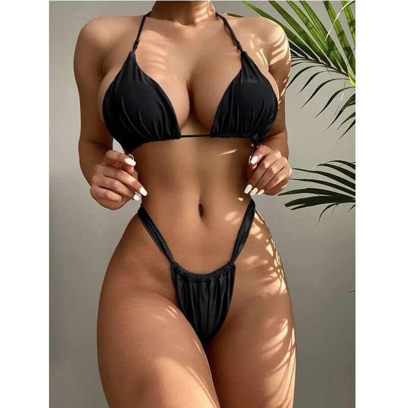 Bikini sexy de cuello halter de color sólido a la moda de verano para mujer