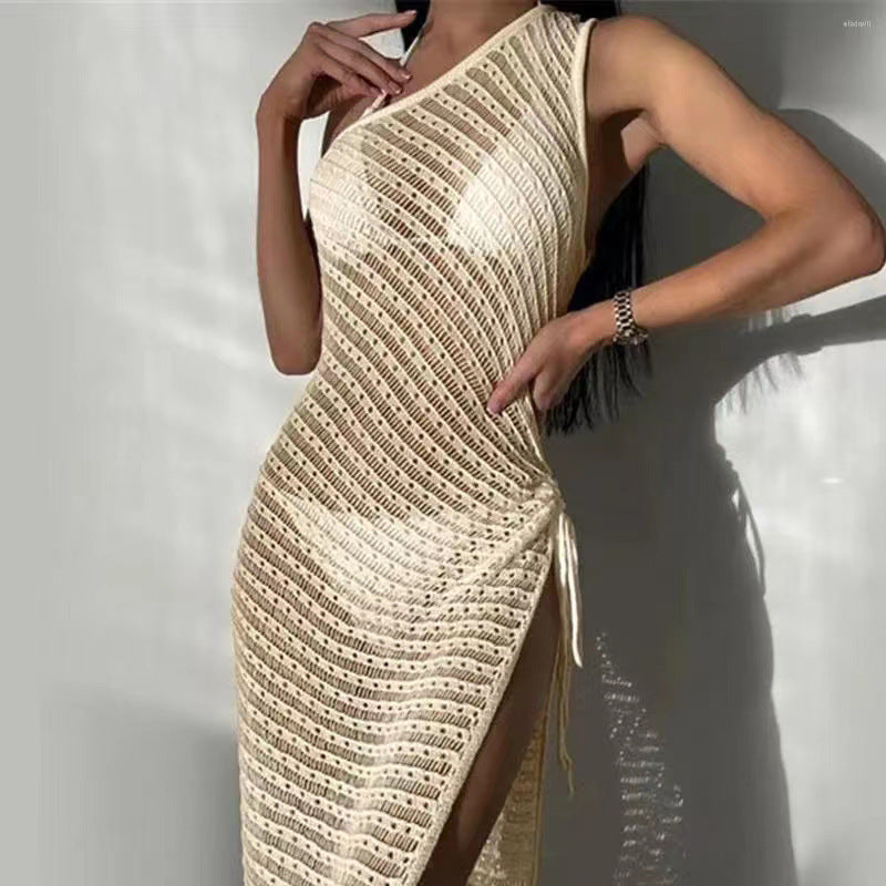 Vestido de punto calado de color liso sexy a la moda para mujer