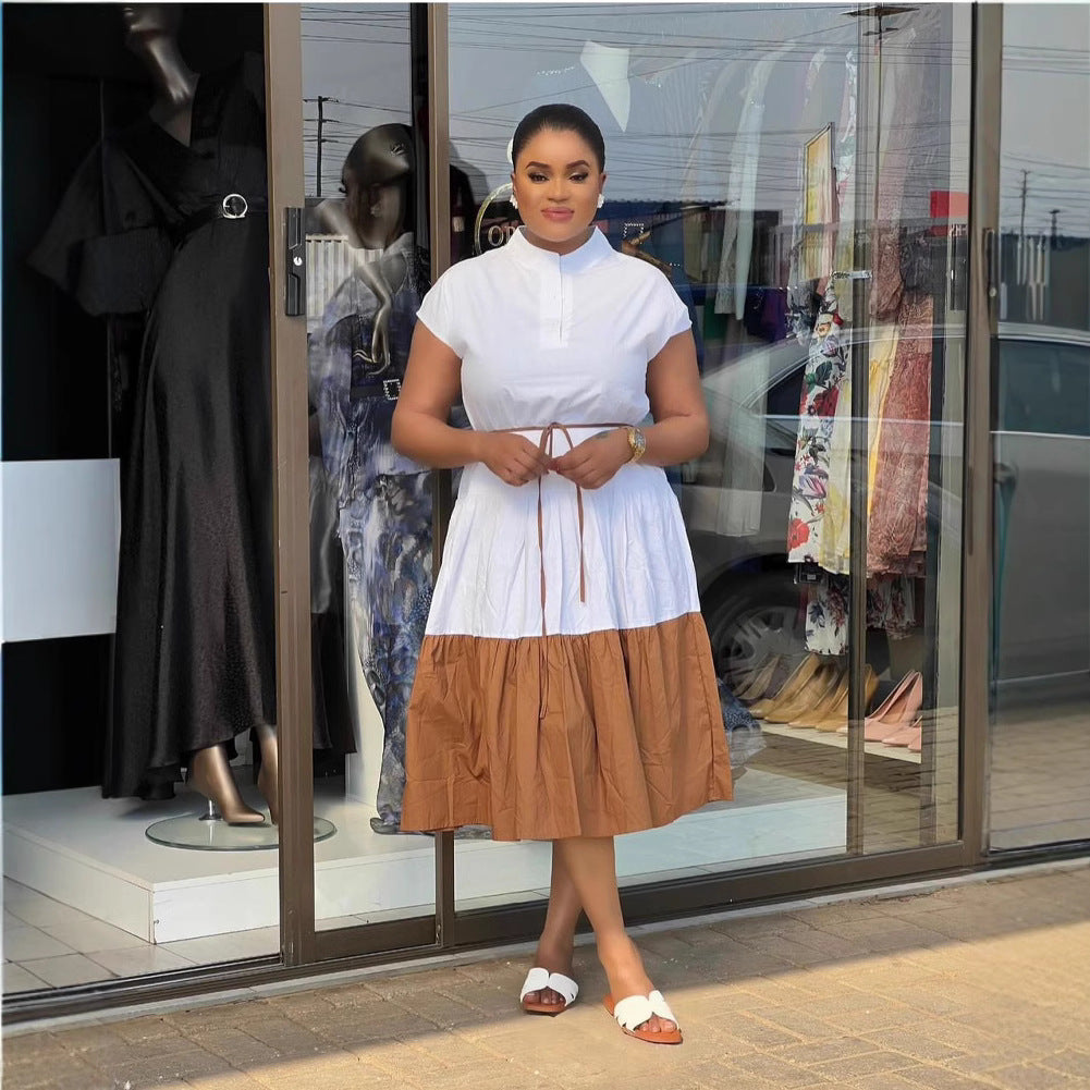 Women Fashion Casual Color Block Pleated Dress