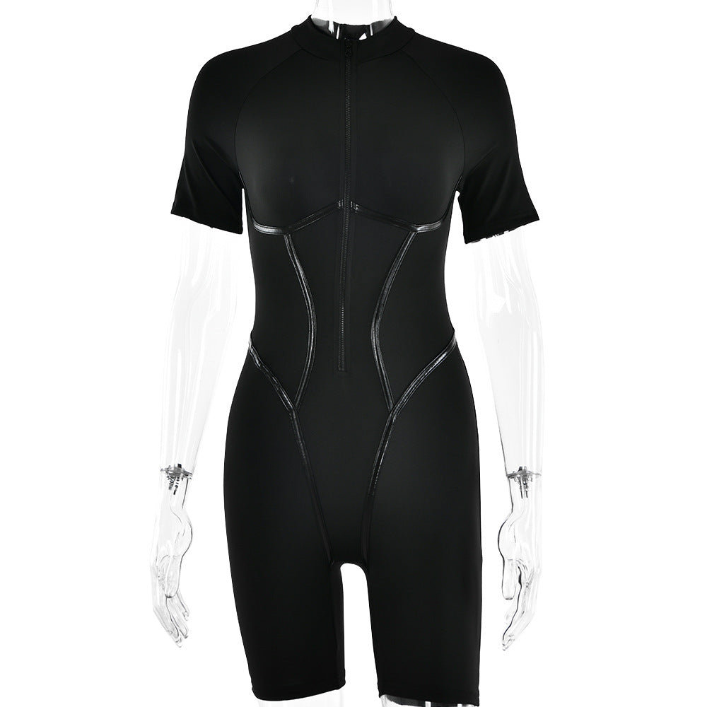 Women Casual Solid Color Line Short-Sleeve Sports Rompers