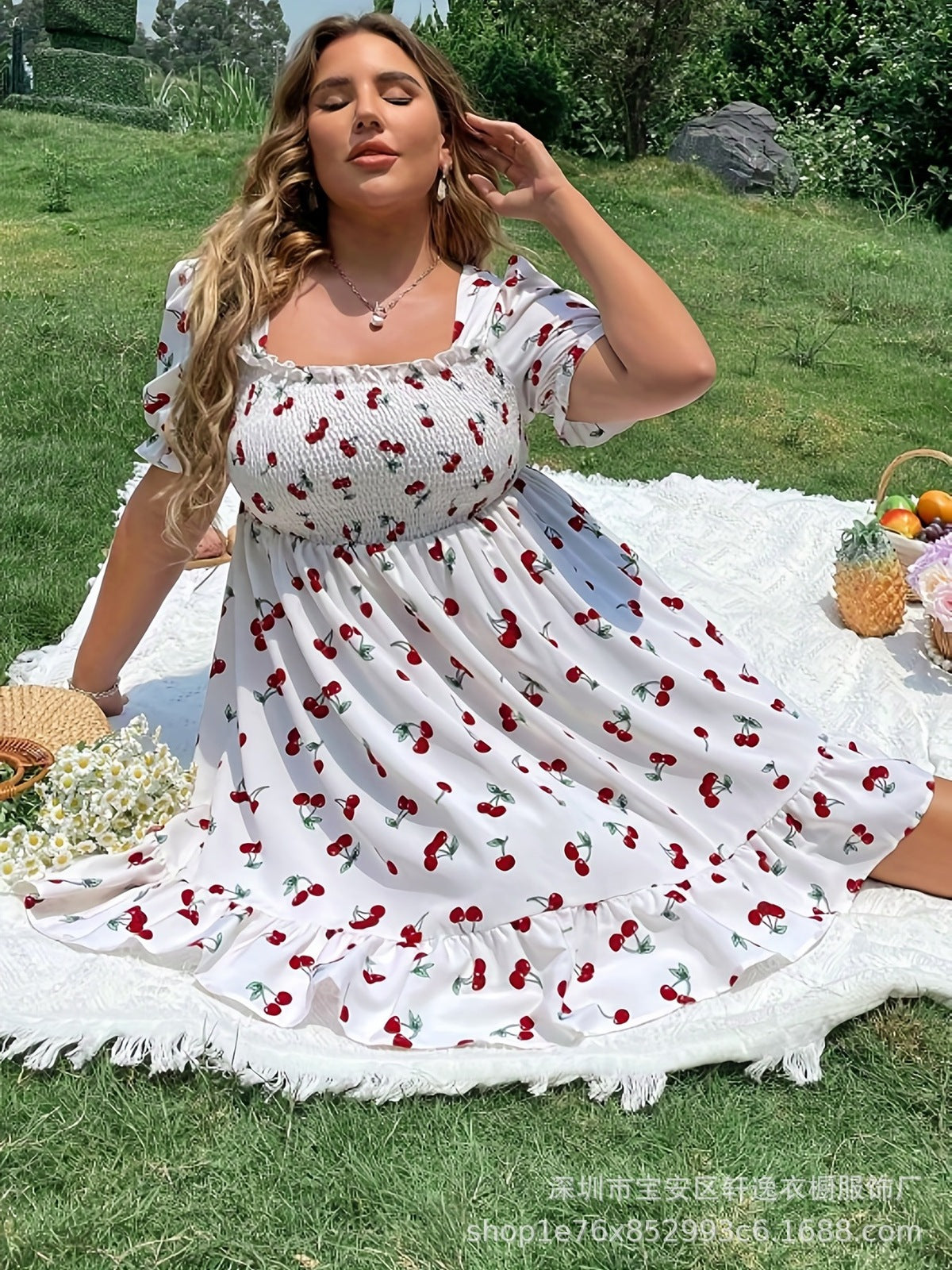 Women Casual Plus Size Cherry Print Bubble Sleeve Dress