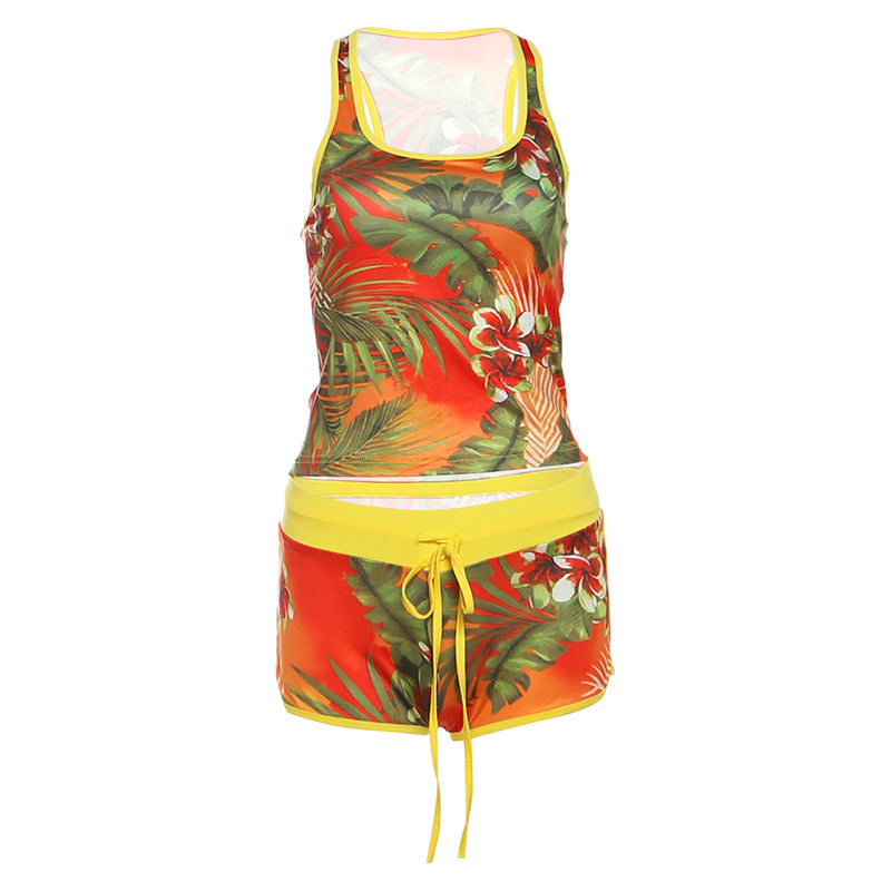Conjunto de camiseta sin mangas con estampado floral sexy a la moda para mujer
