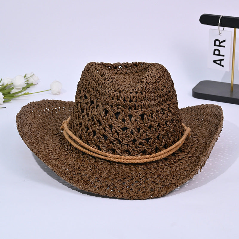 Sombrero de paja tejido a mano estilo occidental, informal, para mujer