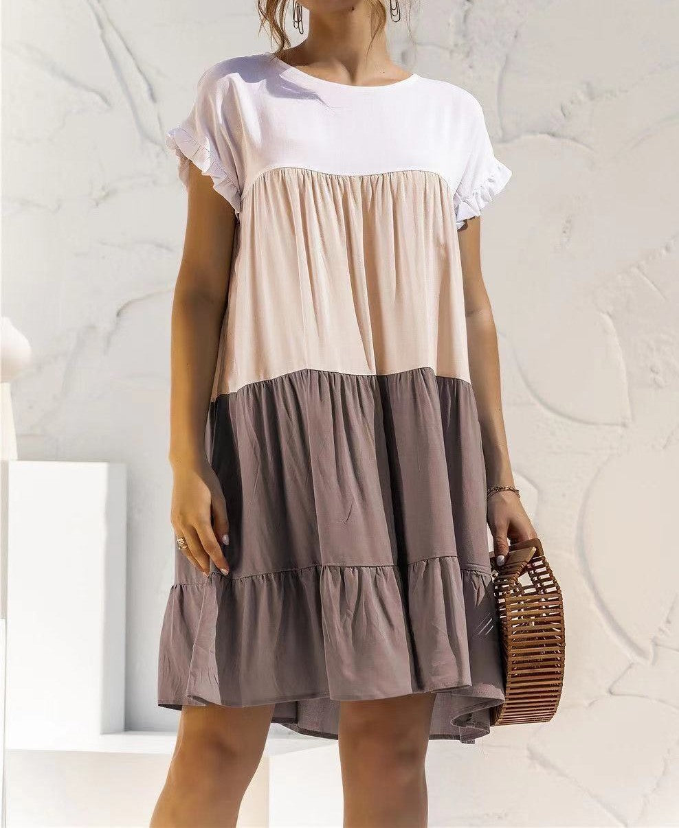 Women Fashion Casual Color Block Round Neck Dress