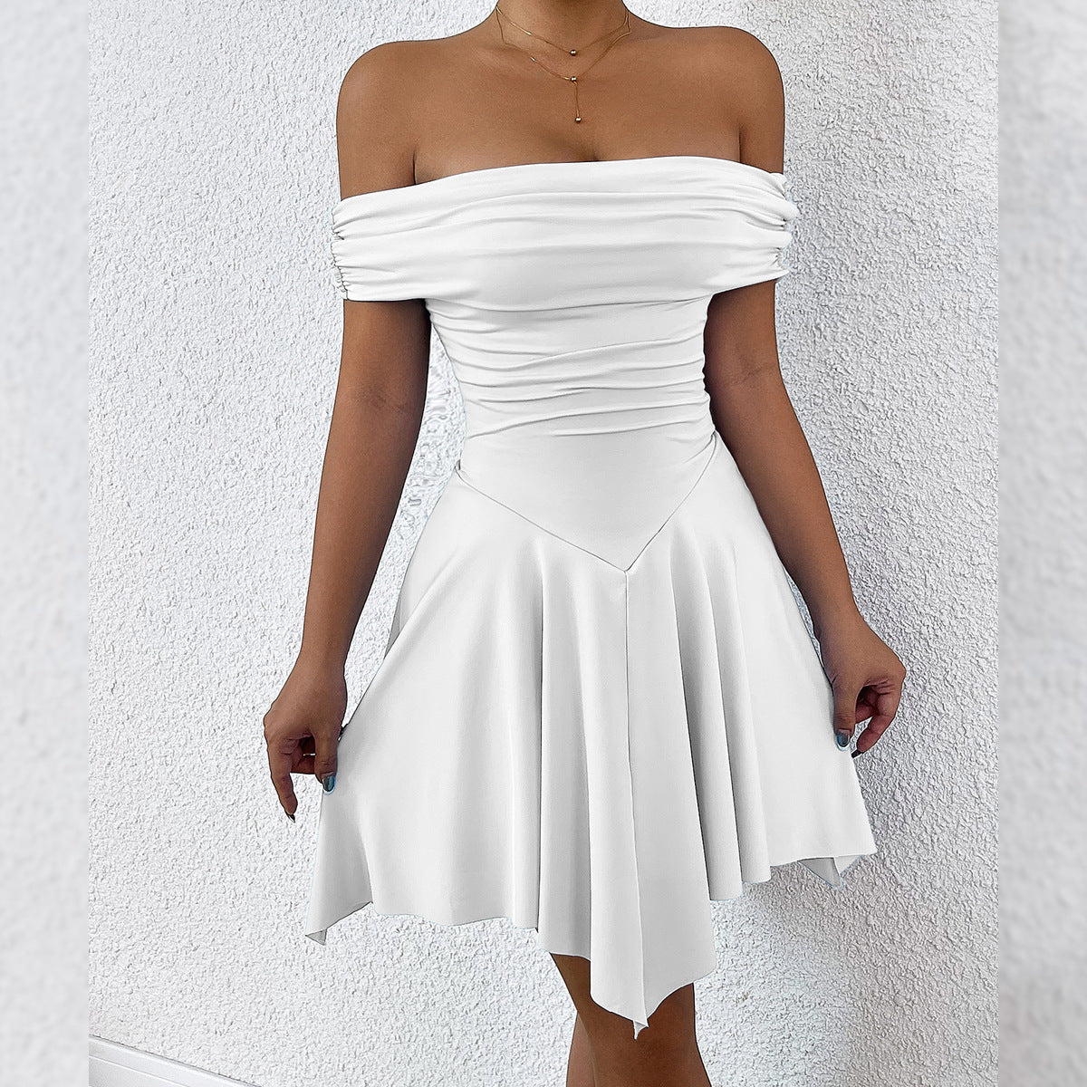 Women Fashion Solid Color Shoulder Irregular Dress in Gourmet Milk Silk