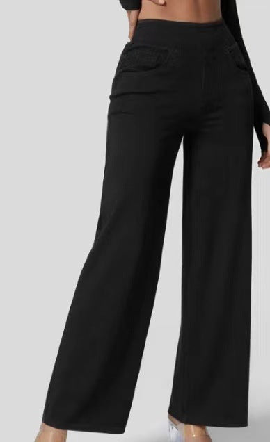 Women Fashion Casual Solid Color High Waist Wide Leg Jeans