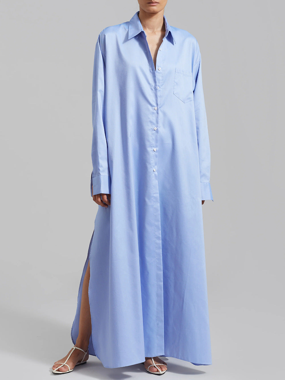 Vestido camisero informal de manga larga con solapa y abertura en color liso para mujer