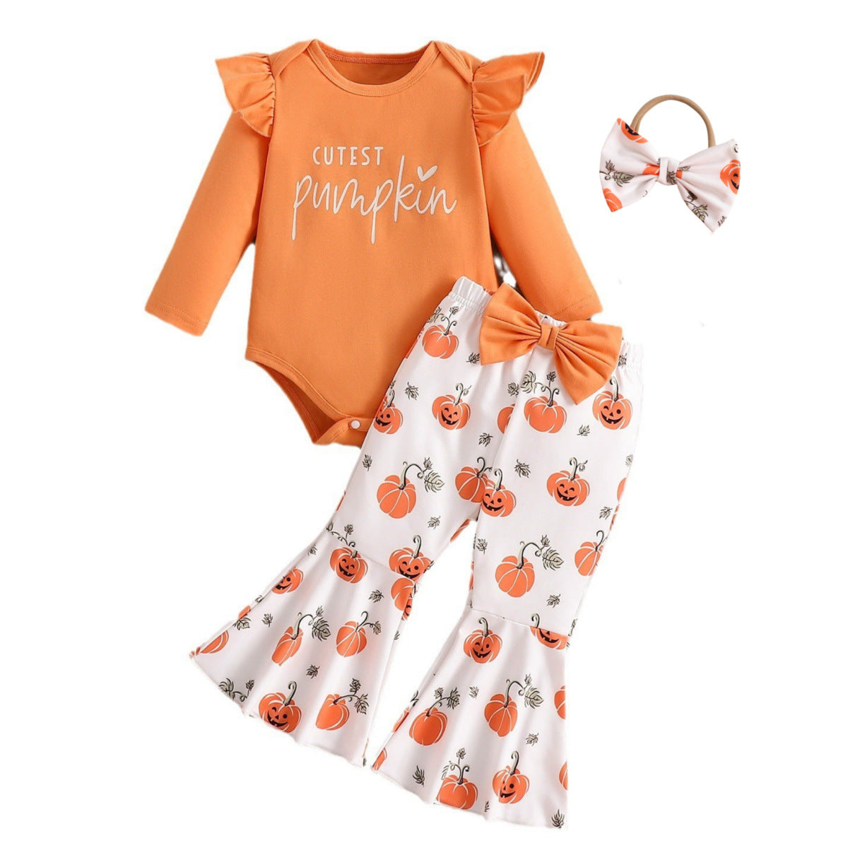 Conjunto de mameluco de manga larga con estampado de calabaza informal para niñas pequeñas