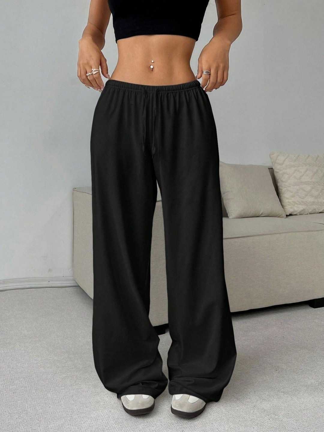 Pantalones casuales de pierna ancha con cordones de color liso para mujer - Estilo cómodo de poliéster