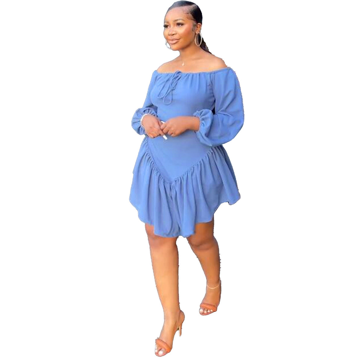 Women Fashion Solid Color Shoulder Long Sleeve Dress